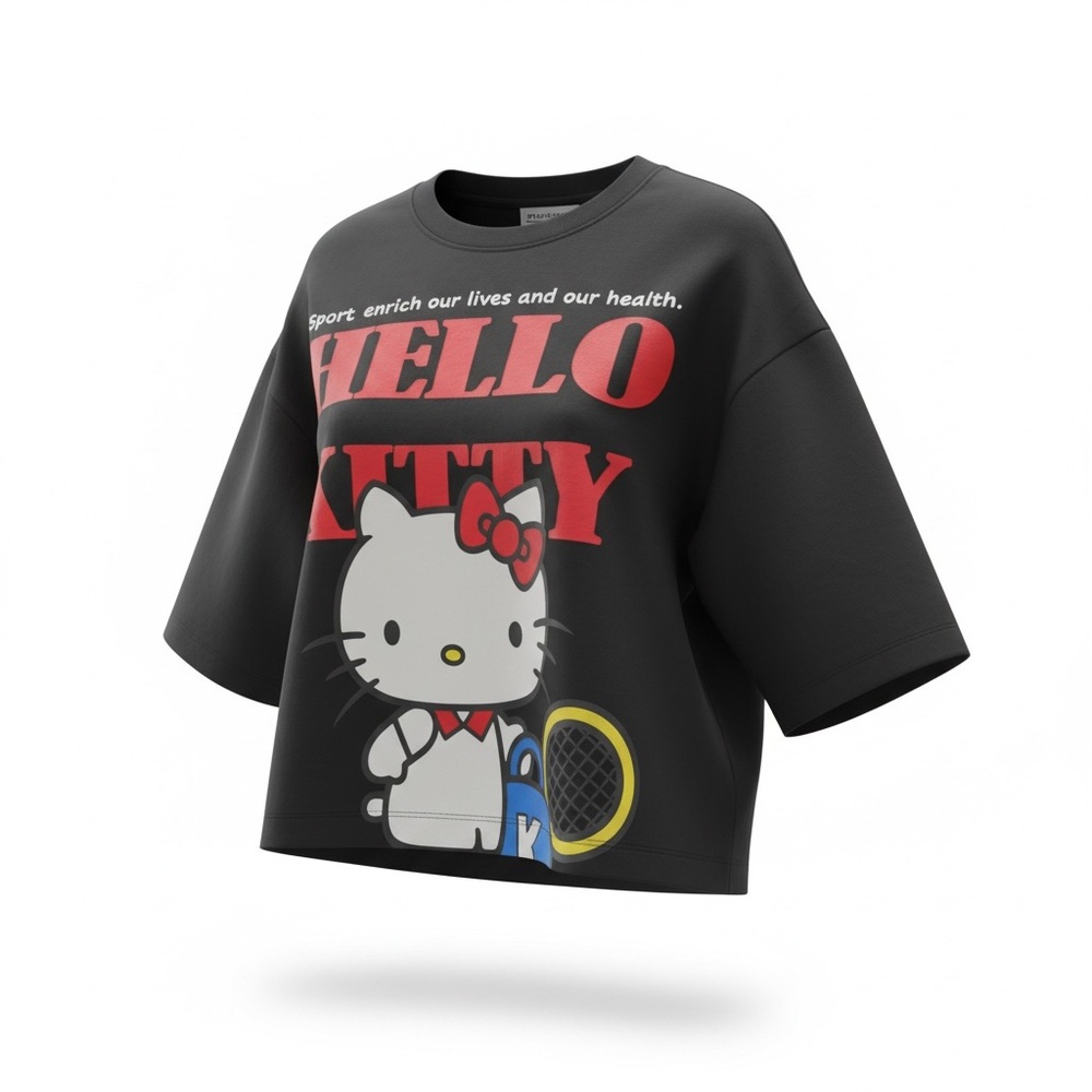 Hello Kitty Black and White Tee with Red Logo and Multicolor Graphic